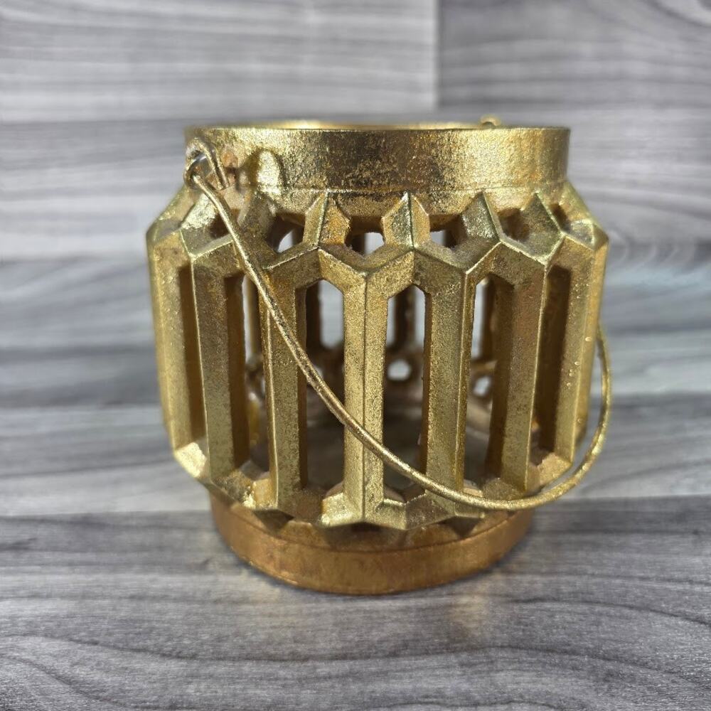 VTG 90s Gold Cast Metal Geometric Lantern Candle Holder Hanging Wire Handle